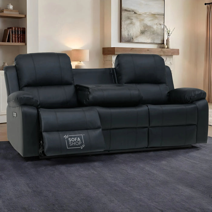 Trento 3 Seater Black Real Leather Electric Recliner Sofa | Power Recliner, Drop-Down Table & USB-C Charging | The Sofa Shop