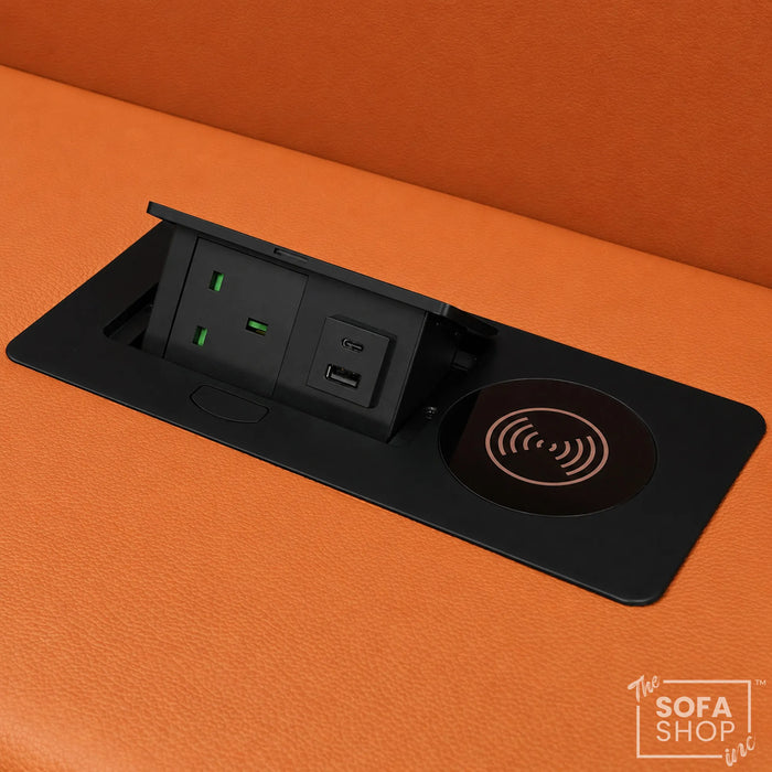 Assisi Corner Cinema Sofa in Orange Real Leather | Hi-Tech Couch with Power Recline + Power Headrests + Wireless Charging + Massage + Heating & Cooling Cupholders | Assisi | The Sofa Shop