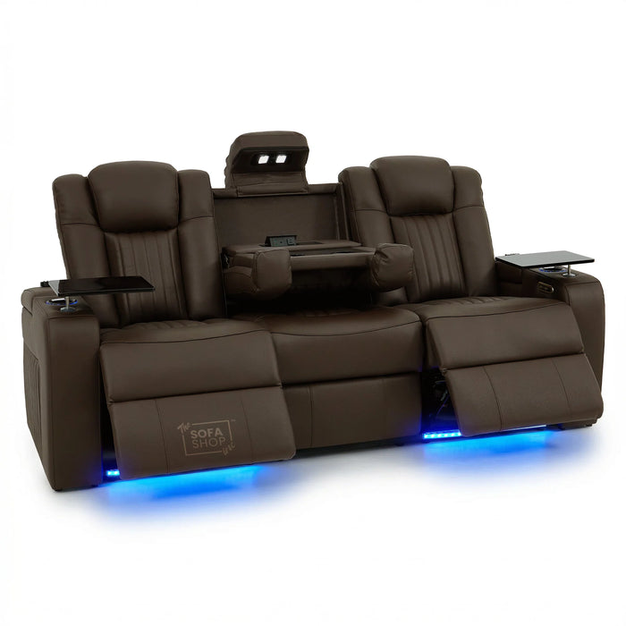 Dark Brown Real Leather 3 Seater Cinema Sofa | Electric Recliner Couch with Massage, Heat, Fold-Down Table & Wireless Charger | Capri | The Sofa Shop