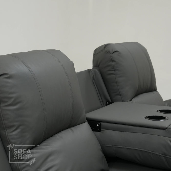 3 Seater Grey Leather Manual Recliner Sofa With Plastic Cup Holders| Used Condition | Trento | SS29