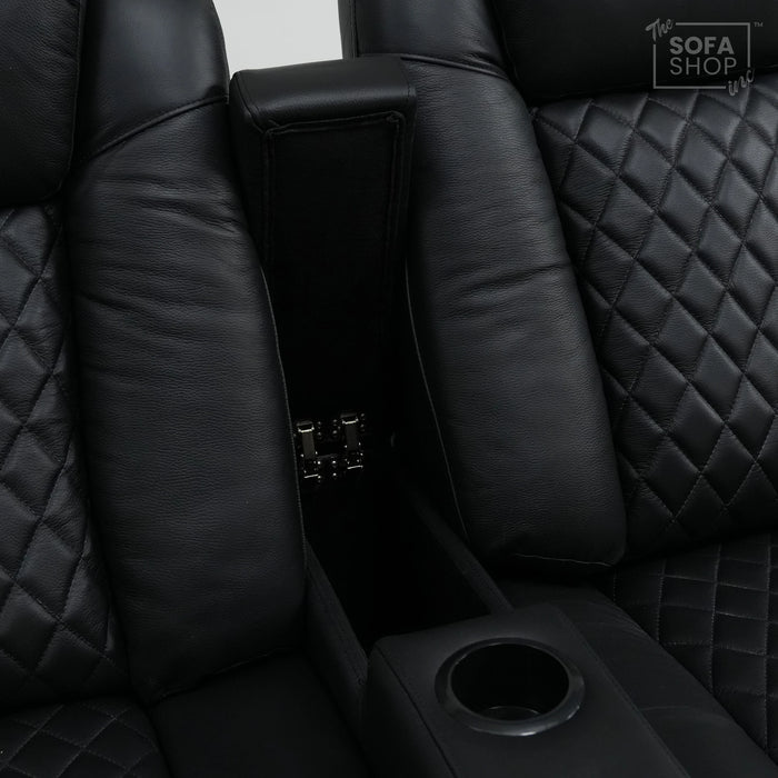 2 Seater Cinema Sofa in Black Real Leather | Hi-Tech Console Couch with Power Recline + Power Headrests + Console Storage + Cup Holders + LED Base Light | Sample |Milano | The Sofa Shop