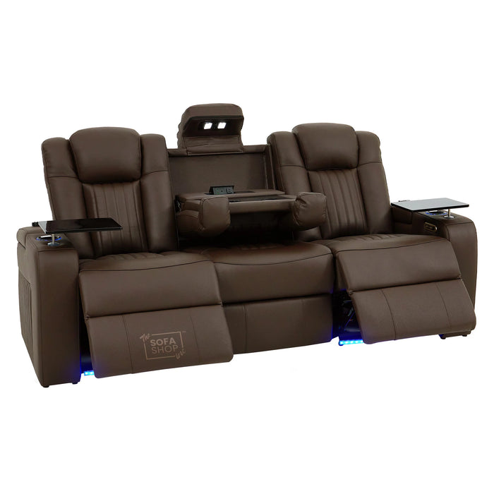Dark Brown Real Leather 3 Seater Cinema Sofa | Electric Recliner Couch with Massage, Heat, Fold-Down Table & Wireless Charger | Capri | The Sofa Shop