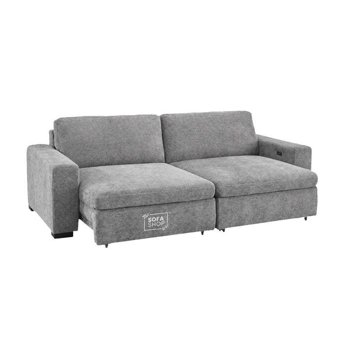 3 Seater Fabric Extendable Electric Sofa Bed | Power Sliding Couch With USB+C Charging | Grey Chenille Fabric | Home Theatre Seating & Comfort Headrests | Palma | The Sofa Shop