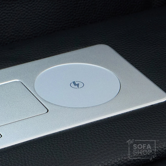 3+2 Modern Reclining Sofa Suite in Black Real Leather | Hi-Tech Sofa with Massage, Heated Lumbar, Wireless Charging, LED Lights & Removable Tables | Capri