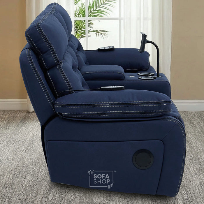 2 Seater Blue Fabric Electric Recliner Cinema Sofa Console | Hi-Tech Sofa with 8-Point Massage, Heated Lumbar, Multi-Link Bluetooth, Cooling & Heating Cupholders | Tuscany | The Sofa Shop
