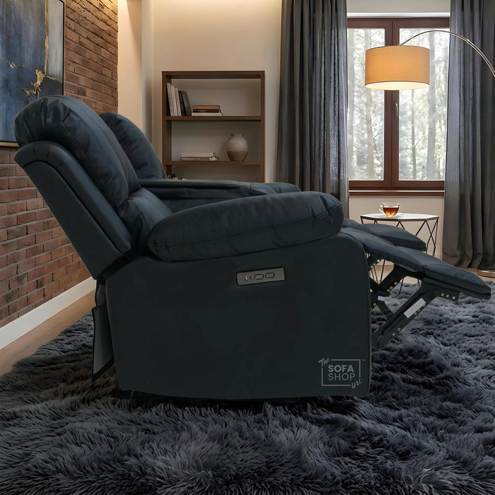 Trento 3 Seater Black Real Leather Electric Recliner Sofa | Power Recline, Drop-Down Table & USB-C Charging | The Sofa Shop