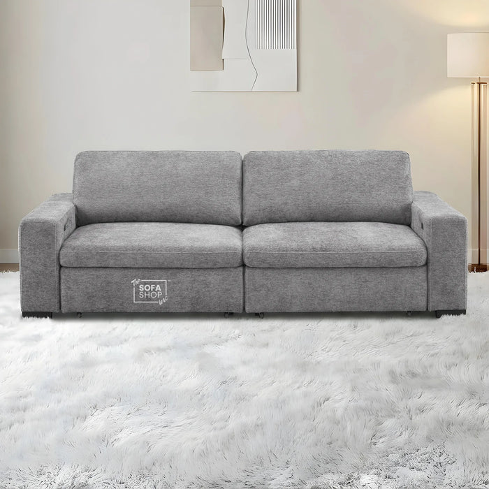 3 Seater Fabric Extendable Electric Sofa Bed | Power Sliding Couch With USB+C Charging | Grey Chenille Fabric | Home Theatre Seating & Comfort Headrests | Palma | The Sofa Shop