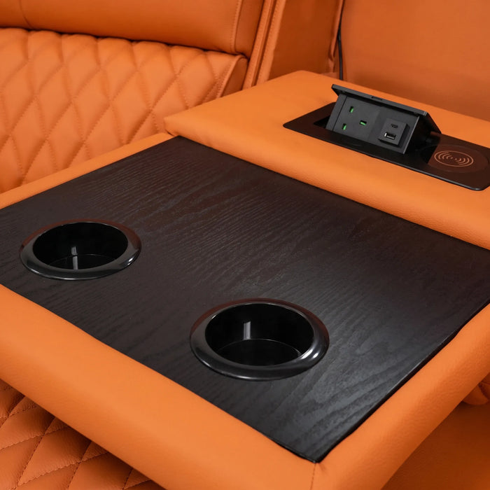 Assisi Corner Cinema Sofa in Orange Real Leather | Hi-Tech Couch with Power Recline + Power Headrests + Wireless Charging + Massage + Heating & Cooling Cupholders | Assisi | The Sofa Shop