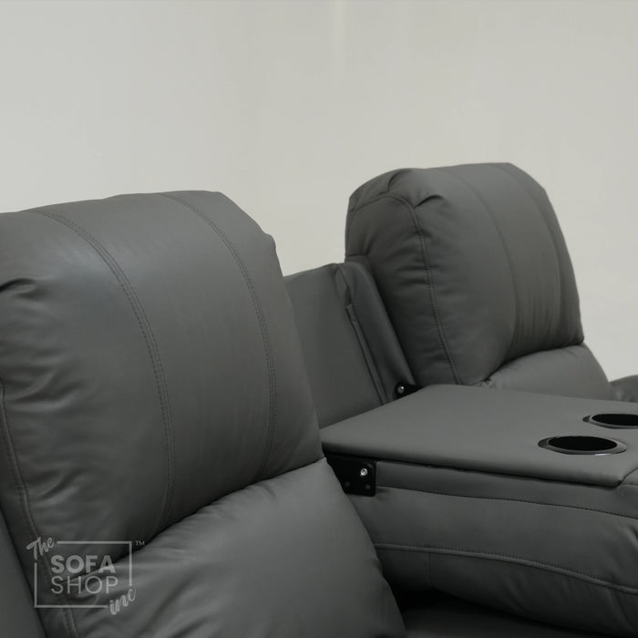3 Seater Manual Recliner Sofa in Grey Leather | Drop-Down Table & Cup Holders | Trento | Second Hand 28 | The Sofa Shop