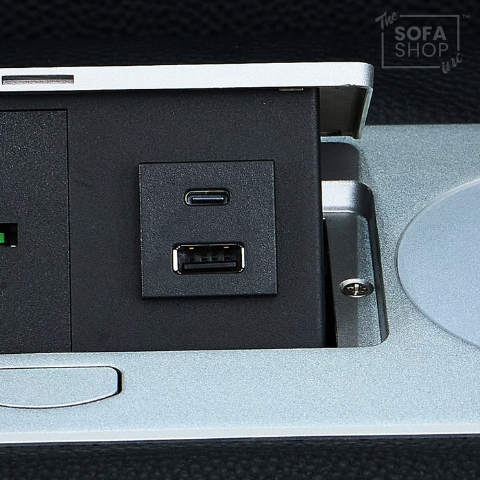 3+2 Modern Reclining Sofa Suite in Black Real Leather | Hi-Tech Sofa with Massage, Heated Lumbar, Wireless Charging, LED Lights & Removable Tables | Capri