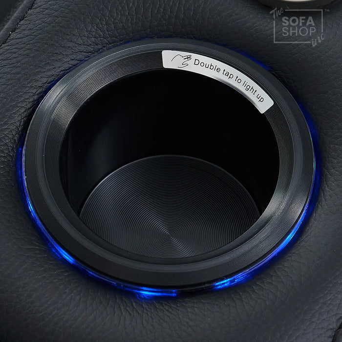 3+2 Modern Reclining Sofa Suite in Black Real Leather | Hi-Tech Sofa with Massage, Heated Lumbar, Wireless Charging, LED Lights & Removable Tables | Capri