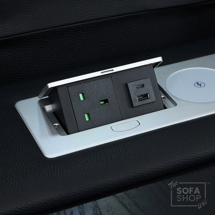 3+2 Modern Reclining Sofa Suite in Black Real Leather | Hi-Tech Sofa with Massage, Heated Lumbar, Wireless Charging, LED Lights & Removable Tables | Capri