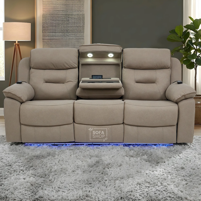 3+1 Piece Electric Home Cinema Sofa Set | Fabric Couch Suite In Beige | Hi-Tech Sofa Set with Massage, Heated Lumbar, Cup Holders & Wireless Charger | Florence | The Sofa Shop