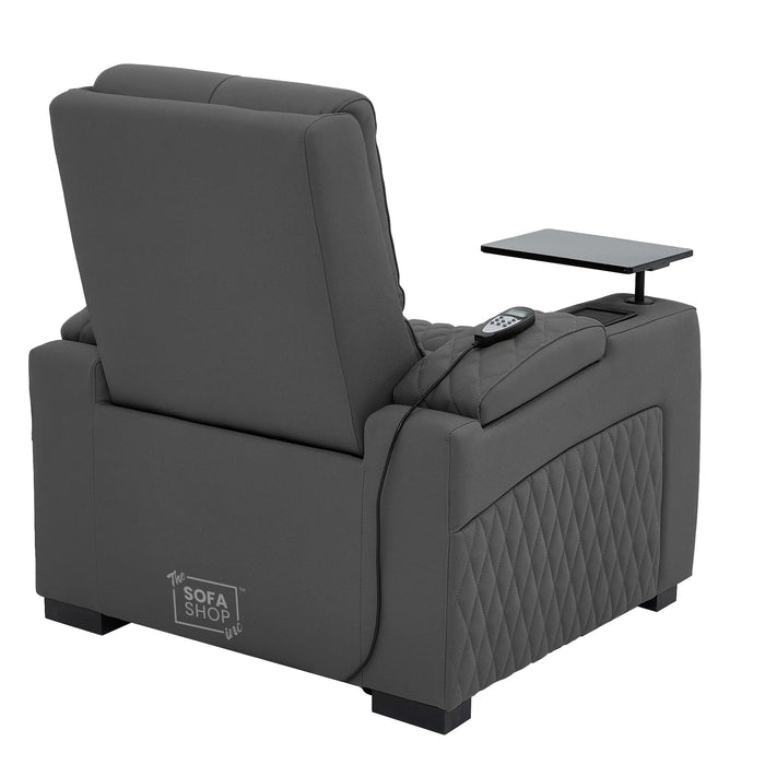1 Seater Grey Real Leather Electric Recliner Cinema Chair | Recliner Armchair With Vibration Massage, Heated Lumbar And Cooling Cup Holder & Wireless Charging | Assisi | The Sofa Shop