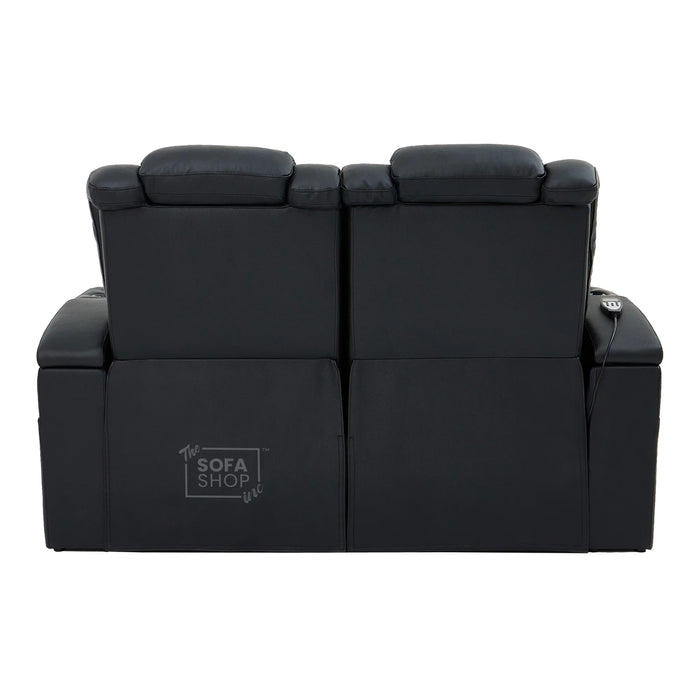 2 Seater Real Leather Power Reclining Cinema Sofa in Black with Console, USB Ports, Mild Heated Lumbar, Table, Cup Holders, Storage & Massage | Capri | The Sofa Shop
