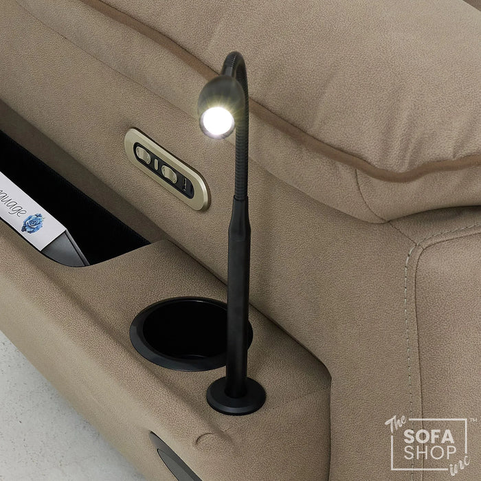 3 Seater Electric Recliner Couch in Beige Fabric | Hi-Tech Sofa with Vibration Massage + Heated Lumbar + Power Grommet + Multi-Link Bluetooth + Power Headrests | Florence | The Sofa Shop