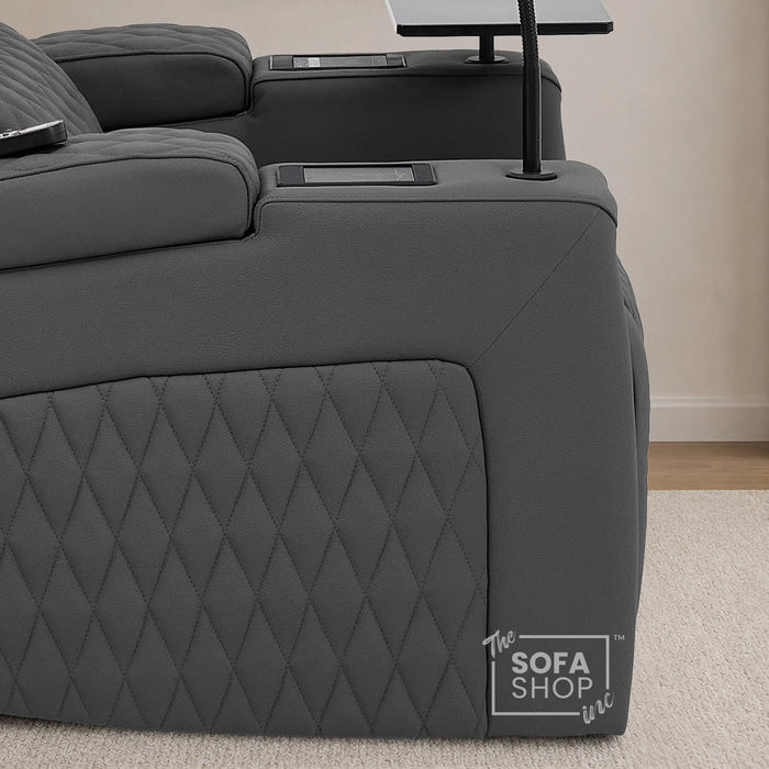 1 Seater Electric Recliner Riser Chair | Power Recline, Heated Lumbar & Massage, Cooling & Heating Cup Holders | Grey Real Leather Riser Armchair with Tray Tables | Assisi | The Sofa Shop