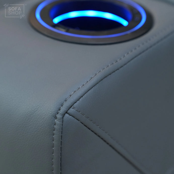 3 Seater Electric Recliner Cinema Sofa In Grey Leather | Table Stuck, Left Side Scuffed, No Ears | Siena | Second Hand Sofa 120