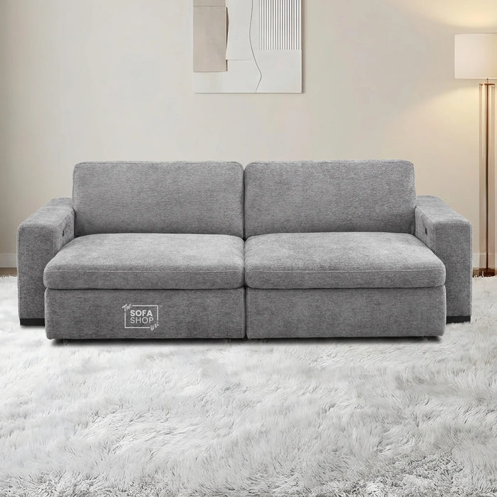 3 Seater Fabric Extendable Electric Sofa Bed | Power Sliding Couch With USB+C Charging | Grey Chenille Fabric | Home Theatre Seating & Comfort Headrests | Palma | The Sofa Shop