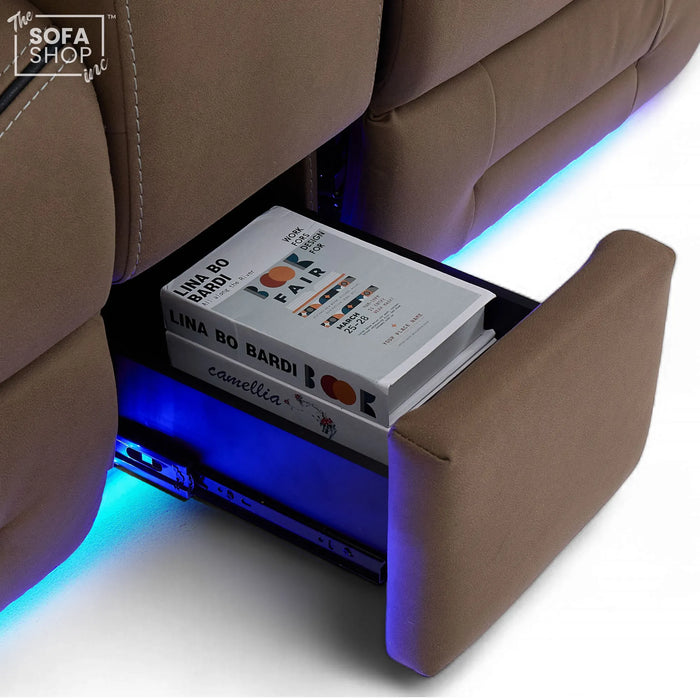 2 Seater Electric Recliner Cinema Sofa in Brown Fabric | Hi-Tech Sofa with 8-Point Massage, USB, Speakers, Power Headrest, Storage & Chilled Cup Holders | Tuscany | The Sofa Shop