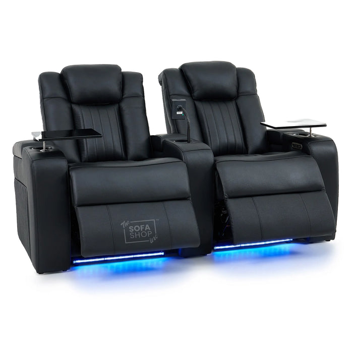3+2 Modern Reclining Sofa Suite in Black Real Leather | Hi-Tech Sofa with Massage, Heated Lumbar, Wireless Charging, LED Lights & Removable Tables | Capri