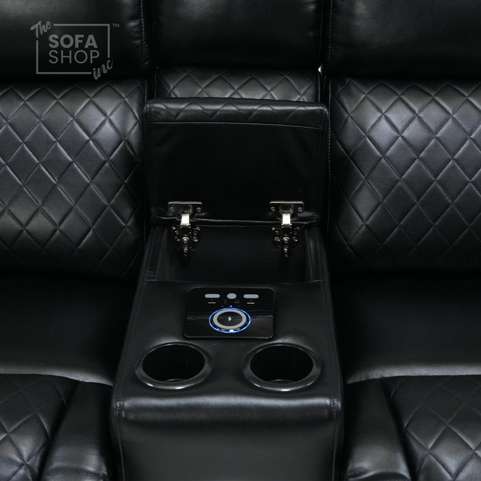 2 Seater Black Leather Smart Recliner With Massage & Speakers | Different Cupholders | Venice | Ex Display
