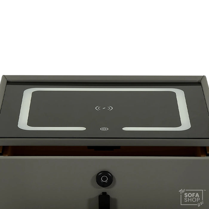 Florida Smart Bedside Table – Grey Faux Leather 3-Drawer Nightstand with LED Lights, Fingerprint Lock & Wireless Charger | The Sofa Shop