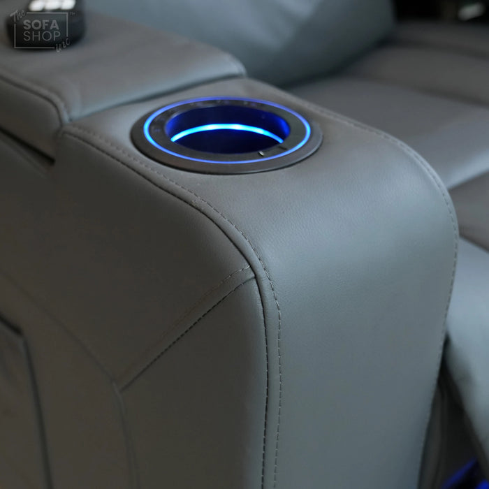 3 Seater Electric Recliner Cinema Sofa In Grey Leather | Table Stuck, Left Side Scuffed, No Ears | Siena | Second Hand Sofa 120