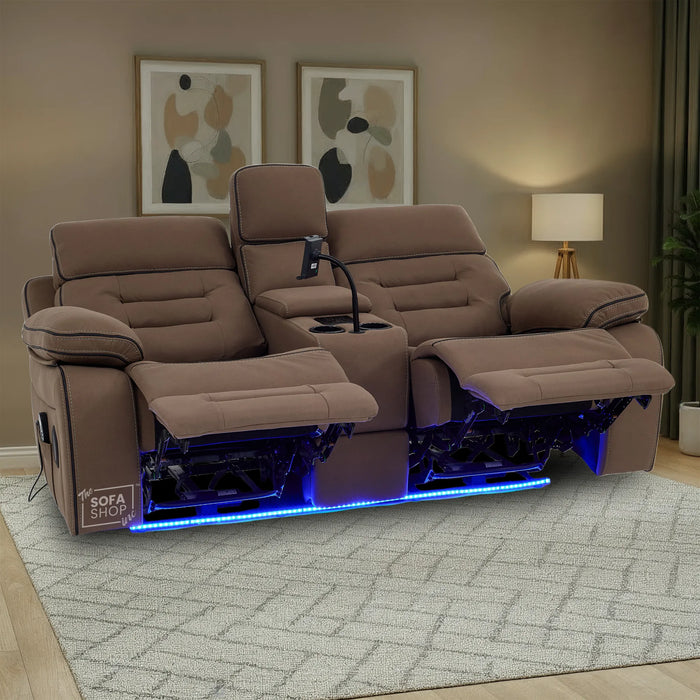 2 Seater Electric Recliner Cinema Sofa in Brown Fabric | Hi-Tech Sofa with 8-Point Massage, USB, Speakers, Power Headrest, Storage & Chilled Cup Holders | Tuscany | The Sofa Shop