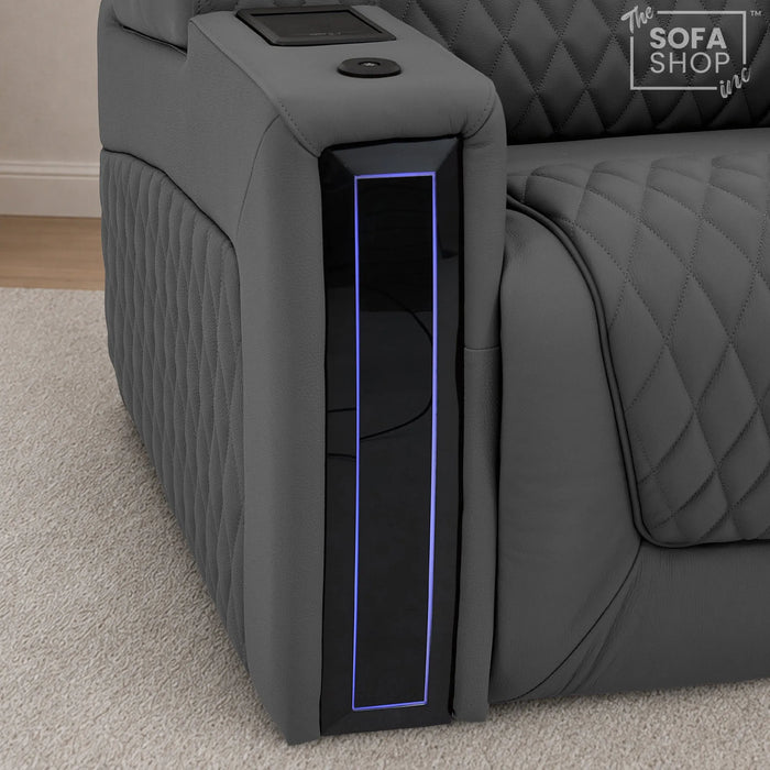 1 Seater Electric Recliner Riser Chair | Power Recline, Heated Lumbar & Massage, Cooling & Heating Cup Holders | Grey Real Leather Riser Armchair with Tray Tables | Assisi | The Sofa Shop