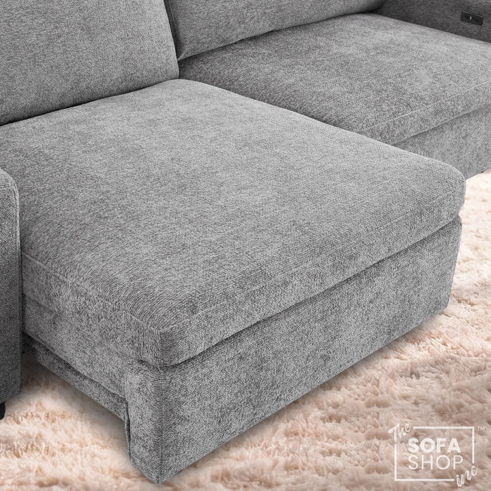 3 Seater Fabric Extendable Electric Sofa Bed | Power Sliding Couch With USB+C Charging | Grey Chenille Fabric | Home Theatre Seating & Comfort Headrests | Palma | The Sofa Shop
