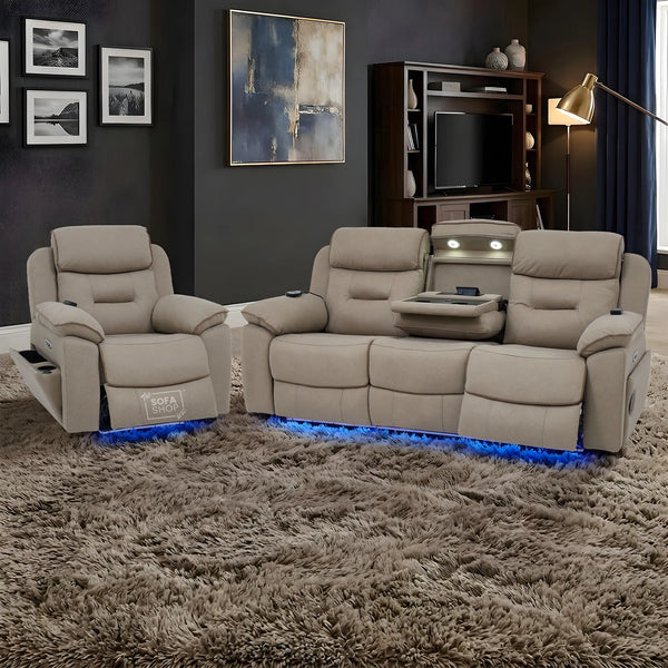 3+1 Piece Electric Home Cinema Sofa Set | Fabric Couch Suite In Beige | Hi-Tech Sofa Set with Massage, Heated Lumbar, Cup Holders & Wireless Charger | Florence | The Sofa Shop
