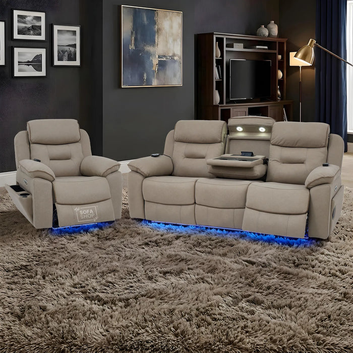 3+1 Piece Electric Home Cinema Sofa Set | Fabric Couch Suite In Beige | Hi-Tech Sofa Set with Massage, Heated Lumbar, Cup Holders & Wireless Charger | Florence | The Sofa Shop