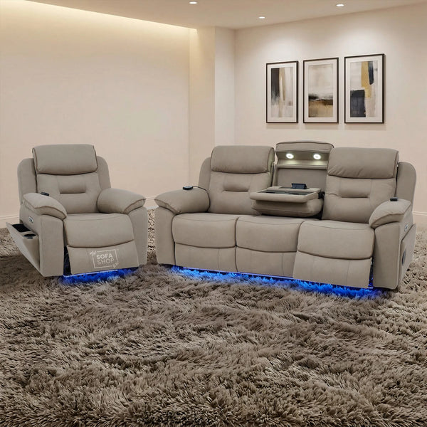 3+1 Piece Electric Home Cinema Sofa Set | Fabric Couch Suite In Beige | Hi-Tech Sofa Set with Massage, Heated Lumbar, Cup Holders & Wireless Charger | Florence | The Sofa Shop