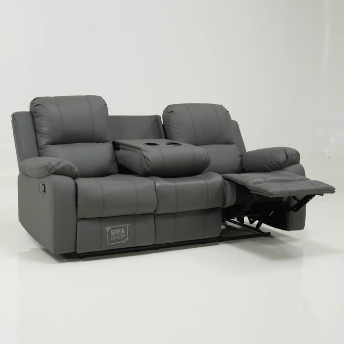3 Seater Manual Recliner Sofa in Grey Leather | Manual Recliner Sofa with Drop-Down Table + Cup Holders + Padded Armrests + Smooth Recline | Trento Second Hand 27 | The Sofa Shop