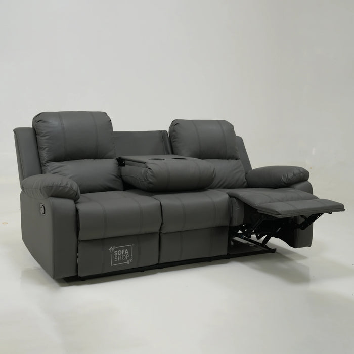 3 Seater Manual Recliner Sofa in Grey Leather | Drop-Down Table & Cup Holders | Trento | Second Hand 28 | The Sofa Shop