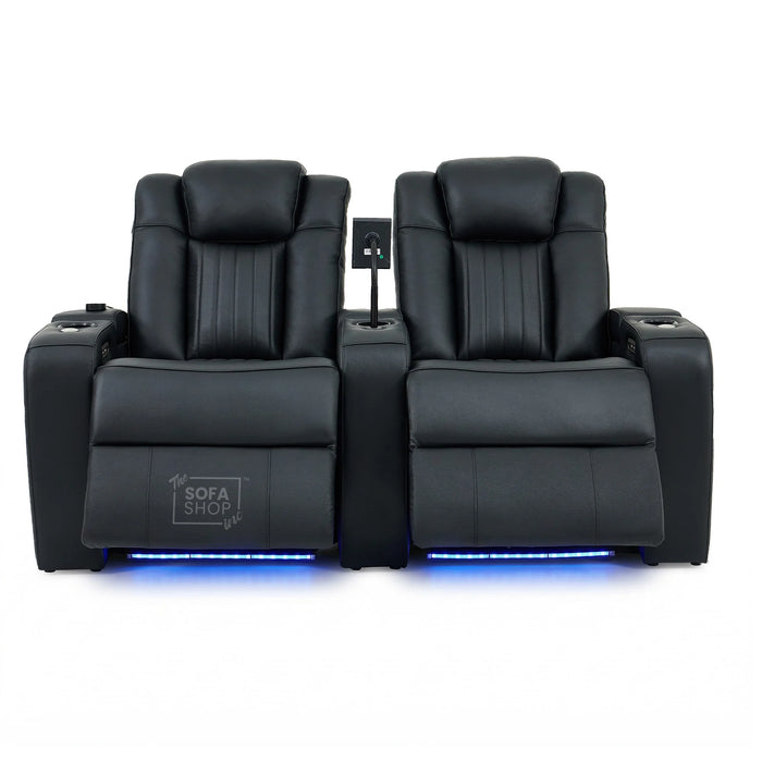 3+2 Modern Reclining Sofa Suite in Black Real Leather | Hi-Tech Sofa with Massage, Heated Lumbar, Wireless Charging, LED Lights & Removable Tables | Capri