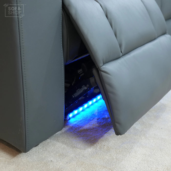 3 Seater Electric Recliner Cinema Sofa In Grey Leather | Table Stuck, Left Side Scuffed, No Ears | Siena | Second Hand Sofa 120