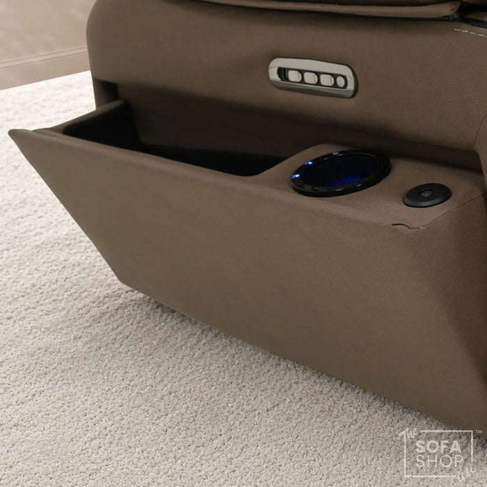 Electric Riser Chair In Mocha Brown Fabric | Hi-Tech Recliner Armchair With Vibration Massage + Heated Lumbar + Cooling Cup Holder + Power Headrest | Tuscany | The Sofa Shop