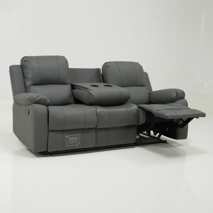 3 Seater Manual Recliner Sofa in Grey Leather | Manual Recliner Sofa with Drop-Down Table + Cup Holders + Padded Armrests + Smooth Recline | Trento Second Hand 27 | The Sofa Shop