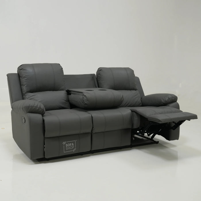 3 Seater Grey Leather Manual Recliner Sofa With Plastic Cup Holders| Used Condition | Trento | SS29