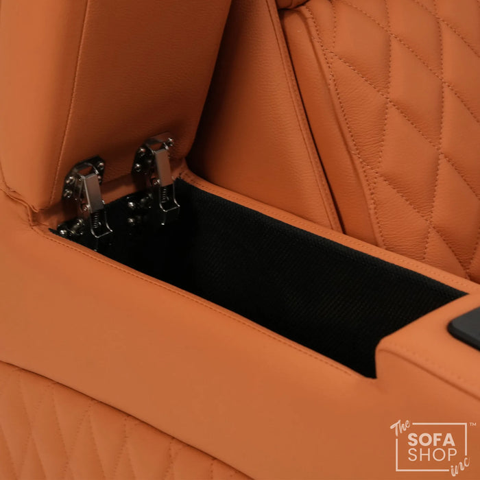 Assisi Corner Cinema Sofa in Orange Real Leather | Hi-Tech Couch with Power Recline + Power Headrests + Wireless Charging + Massage + Heating & Cooling Cupholders | Assisi | The Sofa Shop