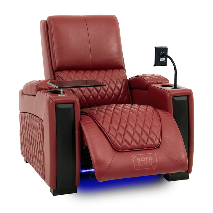 1 Seat Real Leather Electric Recliner Chair Home Cinema Sofa In Red with Massage, LED Cup Holders  & Low Heated Lumbar | Assisi