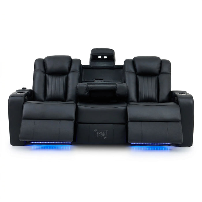 3+2 Modern Reclining Sofa Suite in Black Real Leather | Hi-Tech Sofa with Massage, Heated Lumbar, Wireless Charging, LED Lights & Removable Tables | Capri