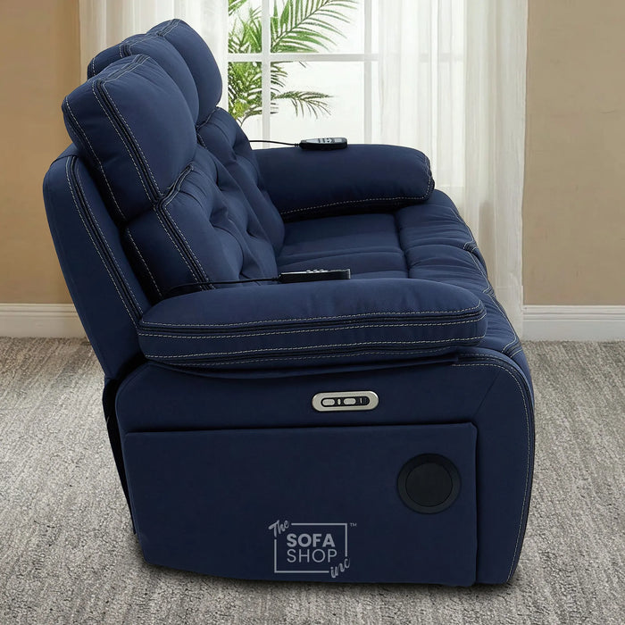 3 Seater Blue Fabric Electric Recliner Cinema Sofa | Hi-Tech Sofa With Massage, Heat, Multi-Link Bluetooth, Fold-Down Table & Wireless Charger, Power Headrest | Tuscany | The Sofa Shop