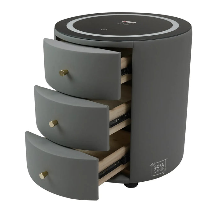 Nashville Smart Bedside Table – Grey Faux Leather 3-Drawer Nightstand with LED Lights, Bluetooth & Wireless Charger | The Sofa Shop