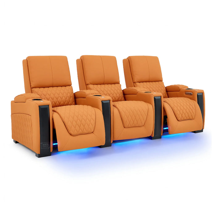 3 Seater Cinema Sofa in Orange Real Leather | Luxury Theatre & Home Cinema Seating | Electric Recliner With 3 Power Recliners, Power Lumbar & Cooling Cup Holders | Assisi | The Sofa Shop