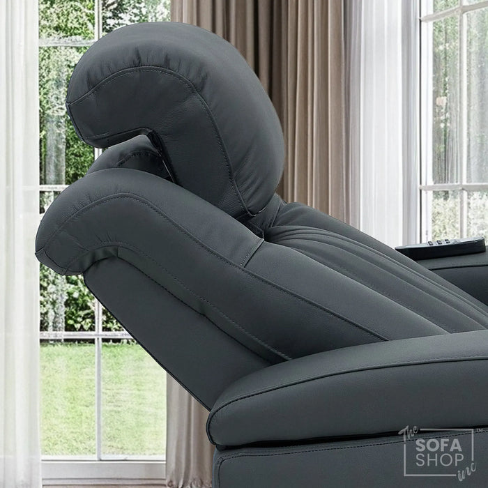 Electric Recliner Cinema Chair in Grey Genuine Leather | Hi-Tech Armchair With Massage, Heated Lumbar, Heating & Cooling Cup Holders & Power Headrest | Capri | The Sofa Shop