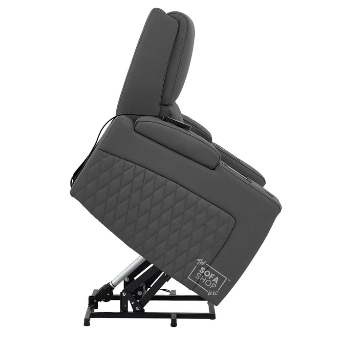 1 Seater Electric Recliner Riser Chair | Power Recline, Heated Lumbar & Massage, Cooling & Heating Cup Holders | Grey Real Leather Riser Armchair with Tray Tables | Assisi | The Sofa Shop