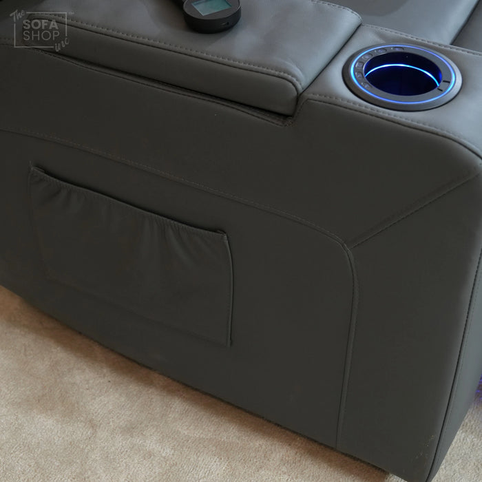 3 Seater Electric Recliner Cinema Sofa In Grey Leather | Table Stuck, Left Side Scuffed, No Ears | Siena | Second Hand Sofa 120